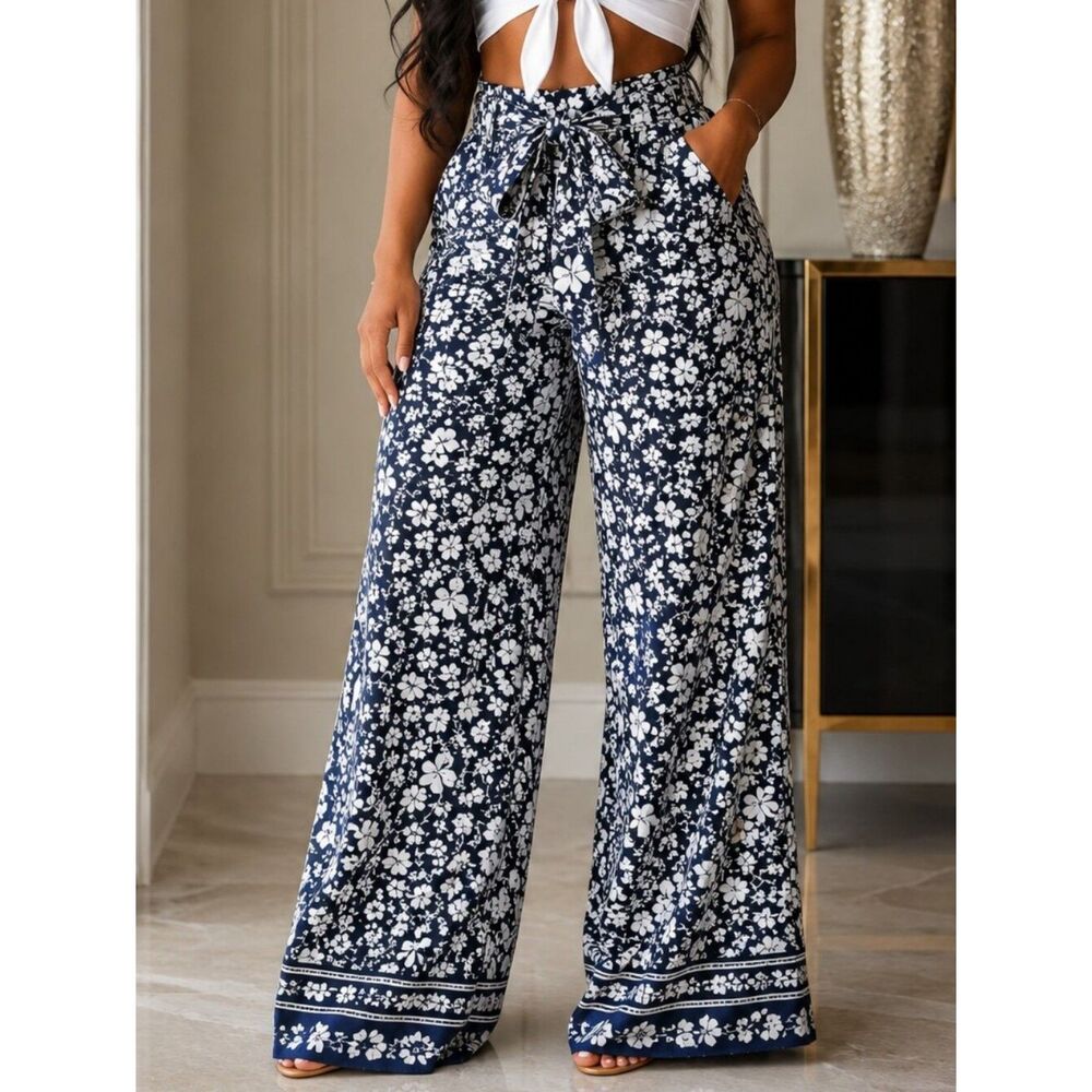 TOMMY HILFIGER Floral Paperbag Belted Wide Leg Palazzo Pants Navy White XS Boho